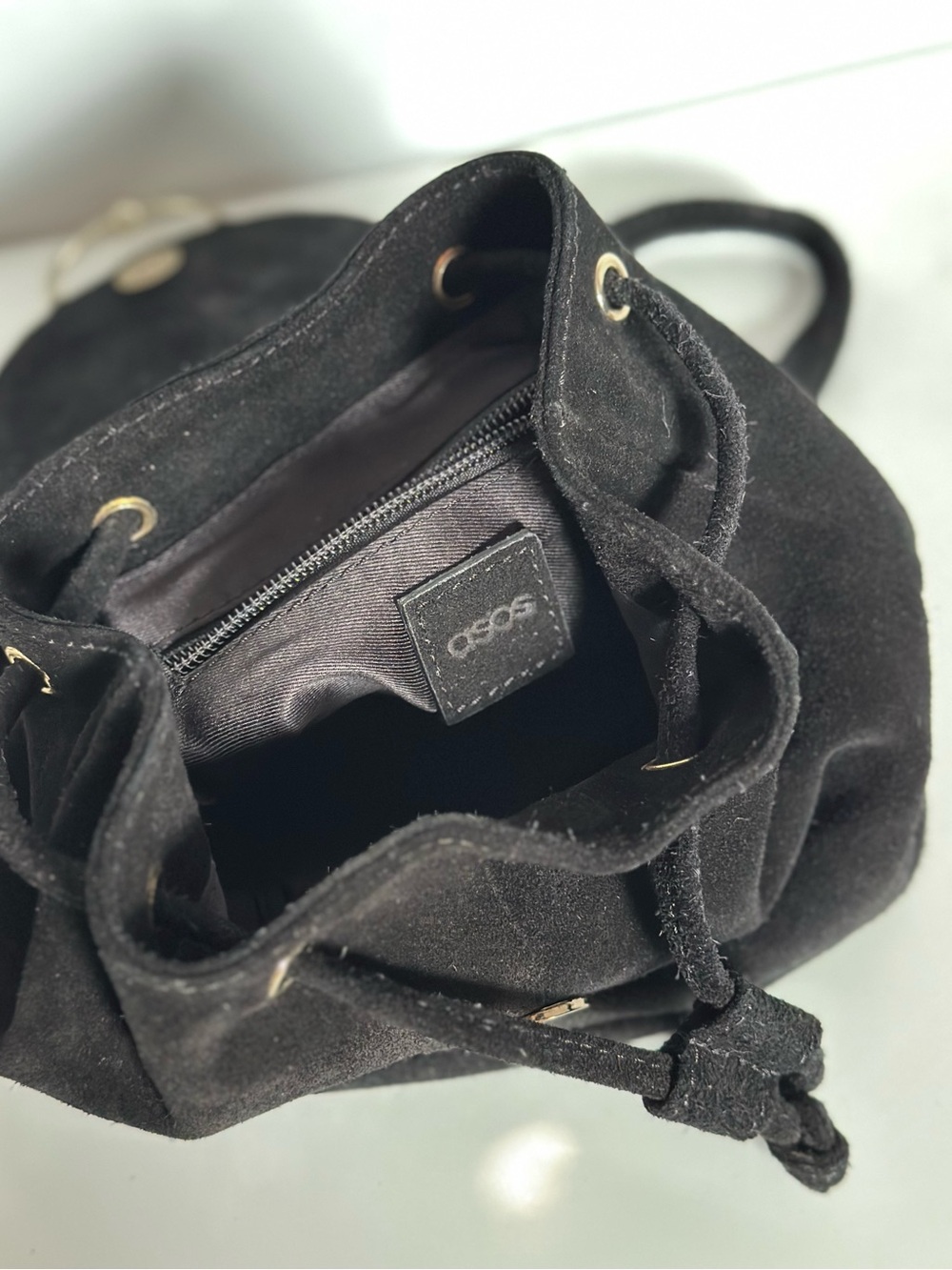 Black Suede Mini Backpack Drawstring Leather Bag Silver Hardware - Picture 16 of 17